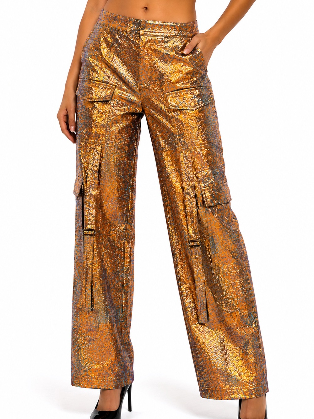 AKIRA Orange Multi Metallic Cargo Pants – Size Small – Statement Festival Pants